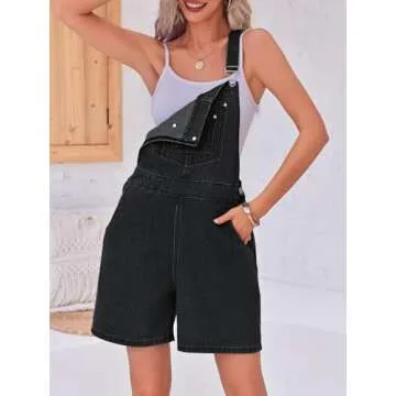 PLNOTME Womens Casual Denim Overalls Summer Adjustable Strap Vintage Bib Shortalls Short Romper with Pockets