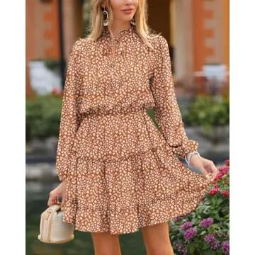 BTFBM Women Casual Summer Fall Dresses Tie V Neck Long Sleeve High Waist Ruffle Tiered A Line Swing Tunic Mini Dress(Leopard Coffee, Large)