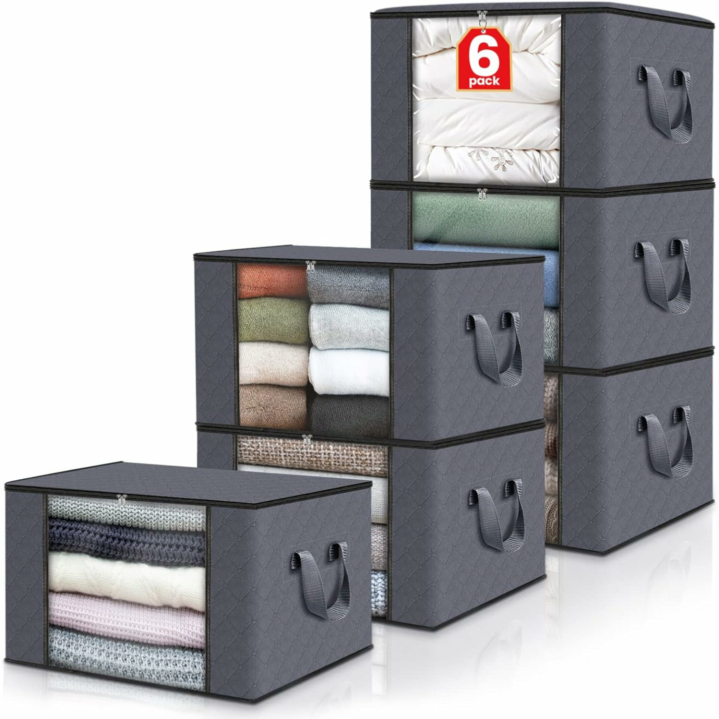 Fab Totes 6 Pack Foldable Storage Bags in Grey