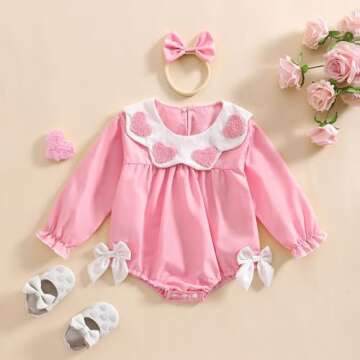 xkwyshop Newborn Baby Girl Outfit Heart Embroidery Doll Collar Long Sleeve Smocked Romper Bow Bodysu...