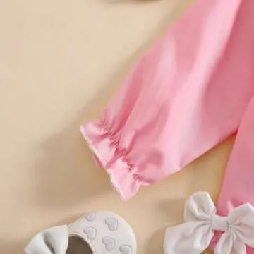 xkwyshop Newborn Baby Girl Outfit Heart Embroidery Doll Collar Long Sleeve Smocked Romper Bow Bodysuit Clothes (Pink, 3-6 Months)