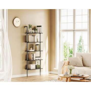 ODK 5-Tier Ladder Shelf - Wall Mounted Industrial Bookshelf for Home & Office