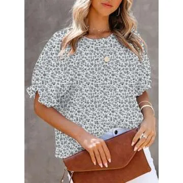 Dokotoo Womens Fashion Floral Print Round Neck Short Smocked Puff Sleeve Babydoll Summer Blouses for Women 2025 Ruffle Tees Shirts Elegant Cute Boho Vacation Tunic Tops Black Medium