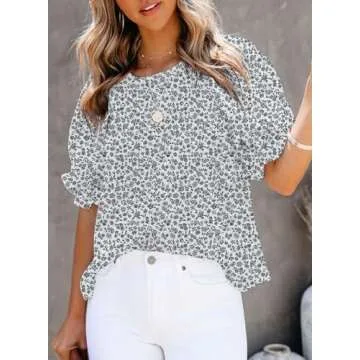 Dokotoo Womens Fashion Floral Print Round Neck Short Smocked Puff Sleeve Babydoll Summer Blouses for Women 2025 Ruffle Tees Shirts Elegant Cute Boho Vacation Tunic Tops Black Medium