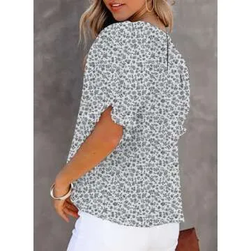 Dokotoo Womens Fashion Floral Print Round Neck Short Smocked Puff Sleeve Babydoll Summer Blouses for Women 2025 Ruffle Tees Shirts Elegant Cute Boho Vacation Tunic Tops Black Medium