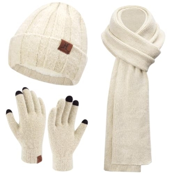 Womens Winter Knit Beanie Hat and Touchscreen Gloves Gift Set