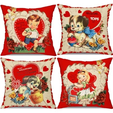 DFXSZ Valentine's Day Pillow Covers Set of 4 - 18x18 Inch Red Retro Decor