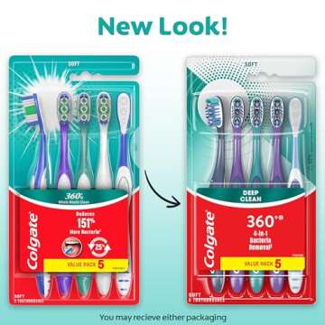 Colgate 360 Whole Mouth Clean Toothbrush, Adult Soft Toothbrushes, 5 Pack, Multicolored