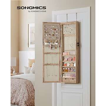SONGMICS 6 LEDs Mirror Jewelry Cabinet, 47.2-Inch Tall Lockable Wall or Door Mounted Jewelry Armoire...