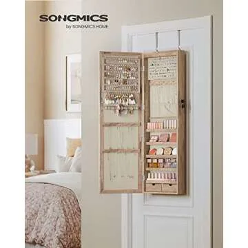SONGMICS 6 LEDs Mirror Jewelry Cabinet, 47.2-Inch Tall Lockable Wall or Door Mounted Jewelry Armoire...