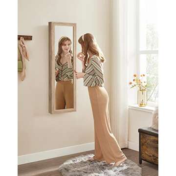 SONGMICS 6 LEDs Mirror Jewelry Cabinet, 47.2-Inch Tall Lockable Wall or Door Mounted Jewelry Armoire Organizer, 2 Drawers, 3.9 x 14.6 x 47.2 Inches, Valentine's Day Gift, Toasted Oak Color UJJC093N01