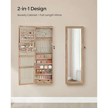 SONGMICS 6 LEDs Mirror Jewelry Cabinet, 47.2-Inch Tall Lockable Wall or Door Mounted Jewelry Armoire Organizer, 2 Drawers, 3.9 x 14.6 x 47.2 Inches, Valentine's Day Gift, Toasted Oak Color UJJC093N01