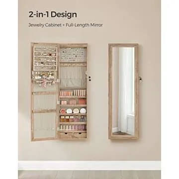 SONGMICS 6 LEDs Mirror Jewelry Cabinet, 47.2-Inch Tall Lockable Wall or Door Mounted Jewelry Armoire Organizer, 2 Drawers, 3.9 x 14.6 x 47.2 Inches, Valentine's Day Gift, Toasted Oak Color UJJC093N01