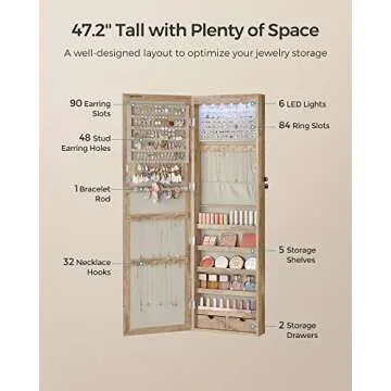 SONGMICS 6 LEDs Mirror Jewelry Cabinet, 47.2-Inch Tall Lockable Wall or Door Mounted Jewelry Armoire Organizer, 2 Drawers, 3.9 x 14.6 x 47.2 Inches, Valentine's Day Gift, Toasted Oak Color UJJC093N01