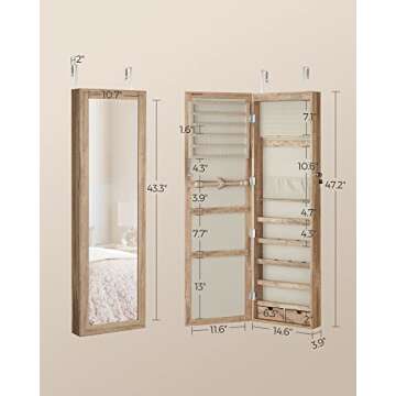 SONGMICS 6 LEDs Mirror Jewelry Cabinet, 47.2-Inch Tall Lockable Wall or Door Mounted Jewelry Armoire Organizer, 2 Drawers, 3.9 x 14.6 x 47.2 Inches, Valentine's Day Gift, Toasted Oak Color UJJC093N01