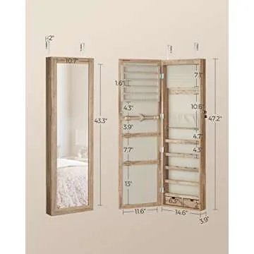 SONGMICS 6 LEDs Mirror Jewelry Cabinet, 47.2-Inch Tall Lockable Wall or Door Mounted Jewelry Armoire Organizer, 2 Drawers, 3.9 x 14.6 x 47.2 Inches, Valentine's Day Gift, Toasted Oak Color UJJC093N01