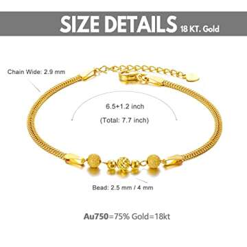 SISGEM Solid 18k Yellow Gold Bead Bracelet for Women, Real18 Karat Gold Jewelry Gifts for Her, (2.3 mm Wide Chain, 6.5-7.7 Inch)