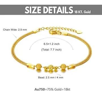 SISGEM Solid 18k Yellow Gold Bead Bracelet for Women, Real18 Karat Gold Jewelry Gifts for Her, (2.3 mm Wide Chain, 6.5-7.7 Inch)