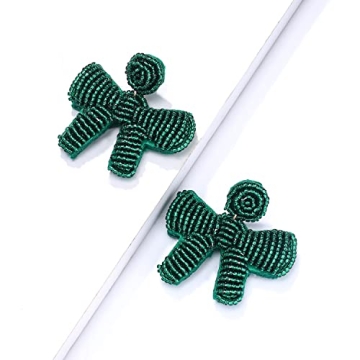 Christmas Earrings Beaded Xmas Bow Earring for Women Handmade Red Green Holiday Bow Drop Dangle Earrings Festive Jewelry Gifts (Green)