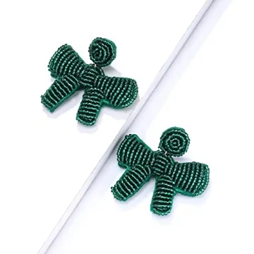 Christmas Earrings Beaded Xmas Bow Earring for Women Handmade Red Green Holiday Bow Drop Dangle Earrings Festive Jewelry Gifts (Green)