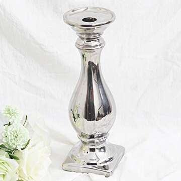 10 inch Silver Ceramic Decorative Pillar Candle Holder Stand Set Candlesticks Holder for Table