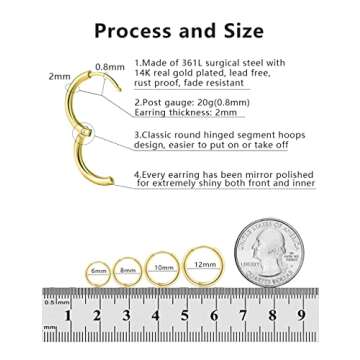 Small Gold Huggie Hoop Earrings Set Hypoallergenic Tiny Hoops for Cartilage Helix Tragus Lobes Hinged Sleeper Women Men Multiple Piercings (6/8/10/12mm Gold,4 Pairs)