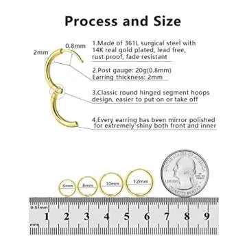 Small Gold Huggie Hoop Earrings Set Hypoallergenic Tiny Hoops for Cartilage Helix Tragus Lobes Hinged Sleeper Women Men Multiple Piercings (6/8/10/12mm Gold,4 Pairs)