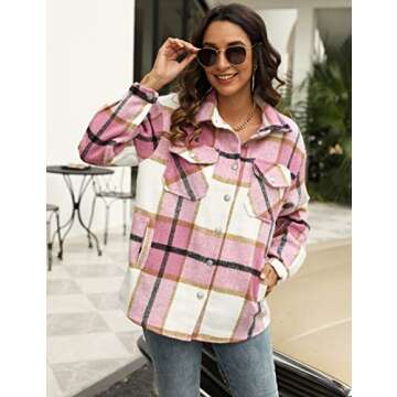 UANEO Womens Plaid Shacket Button Down Wool Blend Fall Flannel Shirt Jacket (Pink-XL)