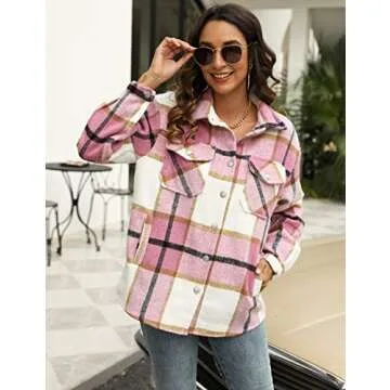 UANEO Womens Plaid Shacket Button Down Wool Blend Fall Flannel Shirt Jacket (Pink-XL)