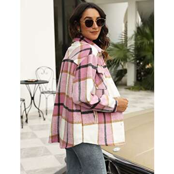 UANEO Womens Plaid Shacket Button Down Wool Blend Fall Flannel Shirt Jacket (Pink-XL)