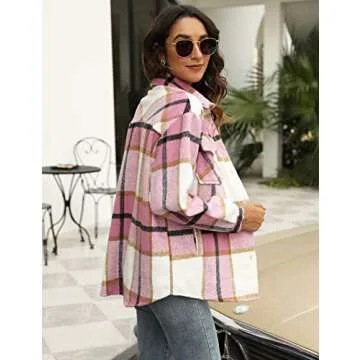 UANEO Womens Plaid Shacket Button Down Wool Blend Fall Flannel Shirt Jacket (Pink-XL)