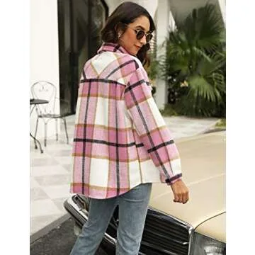 UANEO Womens Plaid Shacket Button Down Wool Blend Fall Flannel Shirt Jacket (Pink-XL)