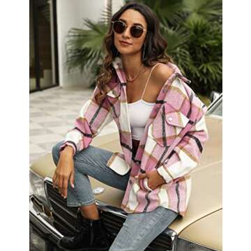 UANEO Womens Plaid Shacket Button Down Wool Blend Fall Flannel Shirt Jacket (Pink-XL)