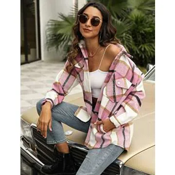 UANEO Womens Plaid Shacket Button Down Wool Blend Fall Flannel Shirt Jacket (Pink-XL)