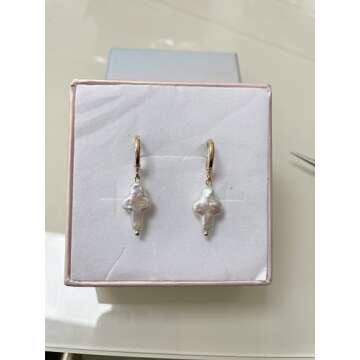 Iutymu Nature Freshwater Pearl Cross Earrings Elegant Christian Pearl Jewelry, Beachy Pearl Jewelry, Cross Pearl Earrings, Baroque Pearl Earrings (Gold)