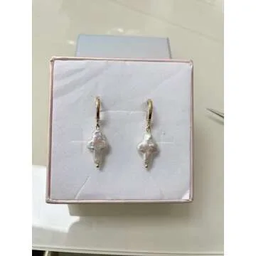 Iutymu Nature Freshwater Pearl Cross Earrings Elegant Christian Pearl Jewelry, Beachy Pearl Jewelry, Cross Pearl Earrings, Baroque Pearl Earrings (Gold)