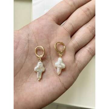 Iutymu Nature Freshwater Pearl Cross Earrings Elegant Christian Pearl Jewelry, Beachy Pearl Jewelry, Cross Pearl Earrings, Baroque Pearl Earrings (Gold)