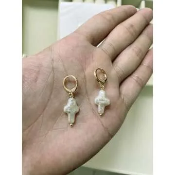 Iutymu Nature Freshwater Pearl Cross Earrings Elegant Christian Pearl Jewelry, Beachy Pearl Jewelry, Cross Pearl Earrings, Baroque Pearl Earrings (Gold)