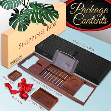 SereneLife Bamboo Bathtub Caddy with Luxury Gift Box and Red Gifting Ribbon Extendable & Adjustable ...
