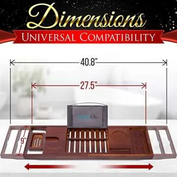 SereneLife Bamboo Bathtub Caddy with Luxury Gift Box and Red Gifting Ribbon Extendable & Adjustable Tray with Device/Book Holder with Removable Trays for Bath Accessories (Stain Brown)