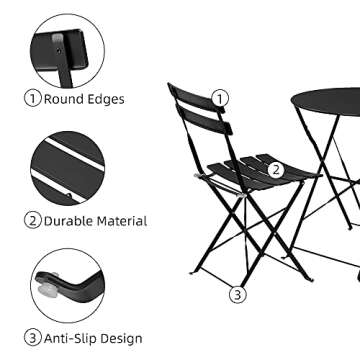 VINGLI Steel Patio Bistro Set, 3 Piece Folding Outdoor Patio Furniture Sets, Folding Patio Round Table and Chairs (Black)