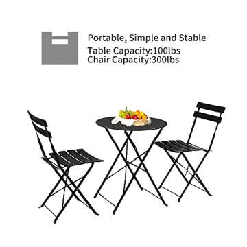 VINGLI Steel Patio Bistro Set, 3 Piece Folding Outdoor Patio Furniture Sets, Folding Patio Round Table and Chairs (Black)