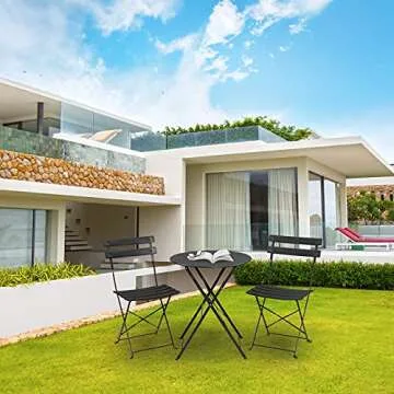 VINGLI Steel Patio Bistro Set, 3 Piece Folding Outdoor Patio Furniture Sets, Folding Patio Round Table and Chairs (Black)