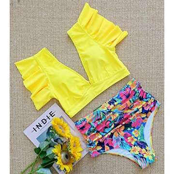 SPORLIKE Women Ruffle High Waist Swimsuit Two Pieces Push Up Tropical Print Bikini (Floral/Yellow 3, Medium)