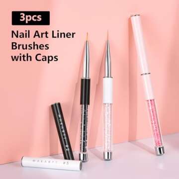 Makartt Nail Art Brushes: 7/9/11mm Thin Liner Brush Set with Shiny Diamond Handle & Caps, 3Pcs Gel N...