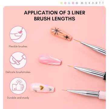 Makartt Nail Art Brushes: 7/9/11mm Thin Liner Brush Set with Shiny Diamond Handle & Caps, 3Pcs Gel Nail Painting Brush Nail Drawing Brushes for Nail Painting 3d Gel Nail Art French Tips Home DIY Use