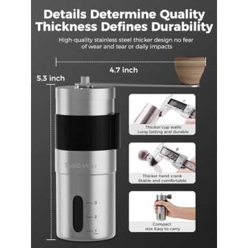SimCoker Manual Coffee Grinder,Ceramic Burr Hand Coffee Grinder for Espresso,Adjustable Grind Setting,Portable Coffee Bean Grinder for Home,Office,Travelling,304 Stainless Steel