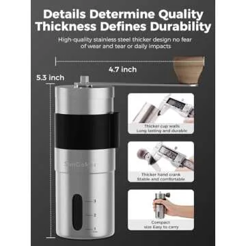 SimCoker Manual Coffee Grinder,Ceramic Burr Hand Coffee Grinder for Espresso,Adjustable Grind Setting,Portable Coffee Bean Grinder for Home,Office,Travelling,304 Stainless Steel
