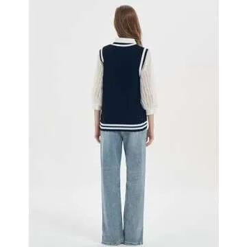 Gihuo Women's V Neck Trendy Sweater Vest Cable Knit Sleeveless Sweater Preppy Style Pullover Sweater Vest (Navy, Medium)