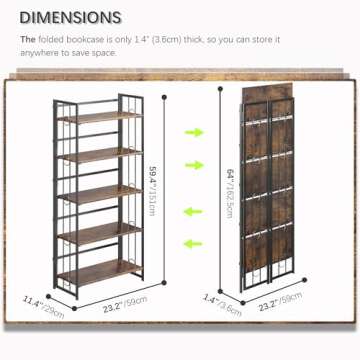 4NM No-Assembly 5 Tiers Folding Bookshelf Storage Shelves Vintage Bookcase Standing Racks Study Orga...